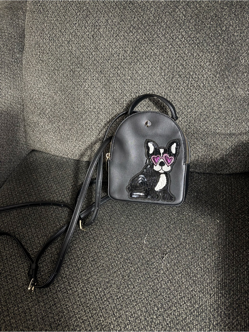 kate spade Black Mini Backpack with French BullDog Patch and Heart Sunglasses